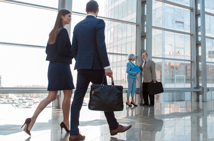 walking in office lobby